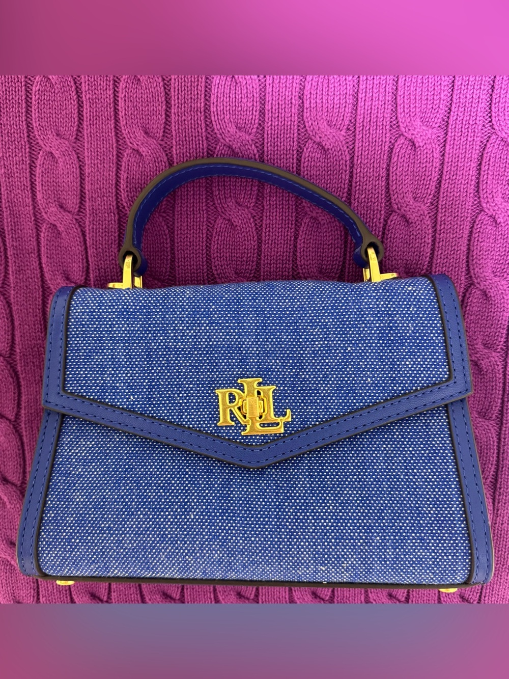 Lauren Ralph  Lauren Blue Denim Top-Handle Satchel with Gold Hardware